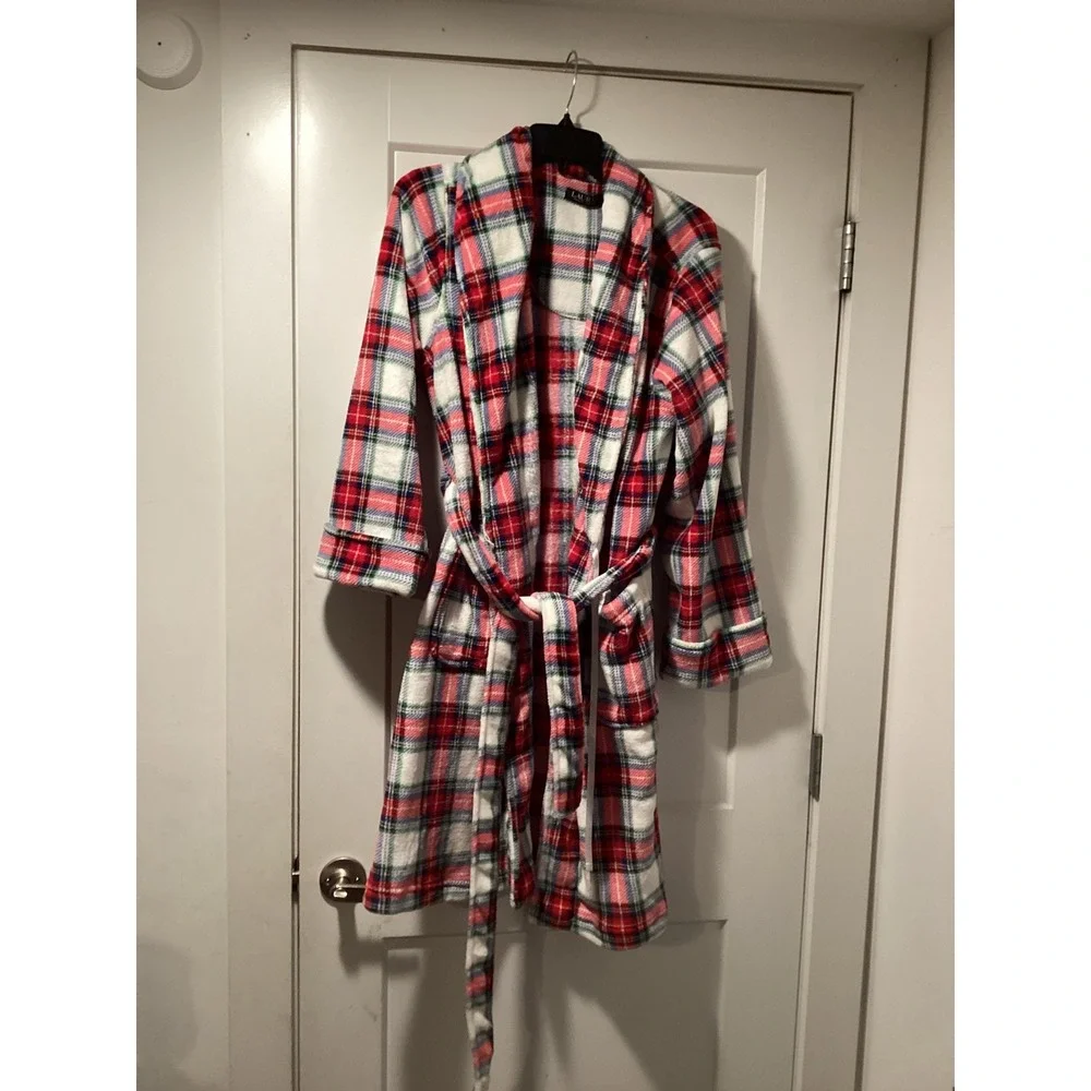 Lauren Ralph Lauren‎ Womens Red Plaid Fleece Robe LRL Crest Belted Large